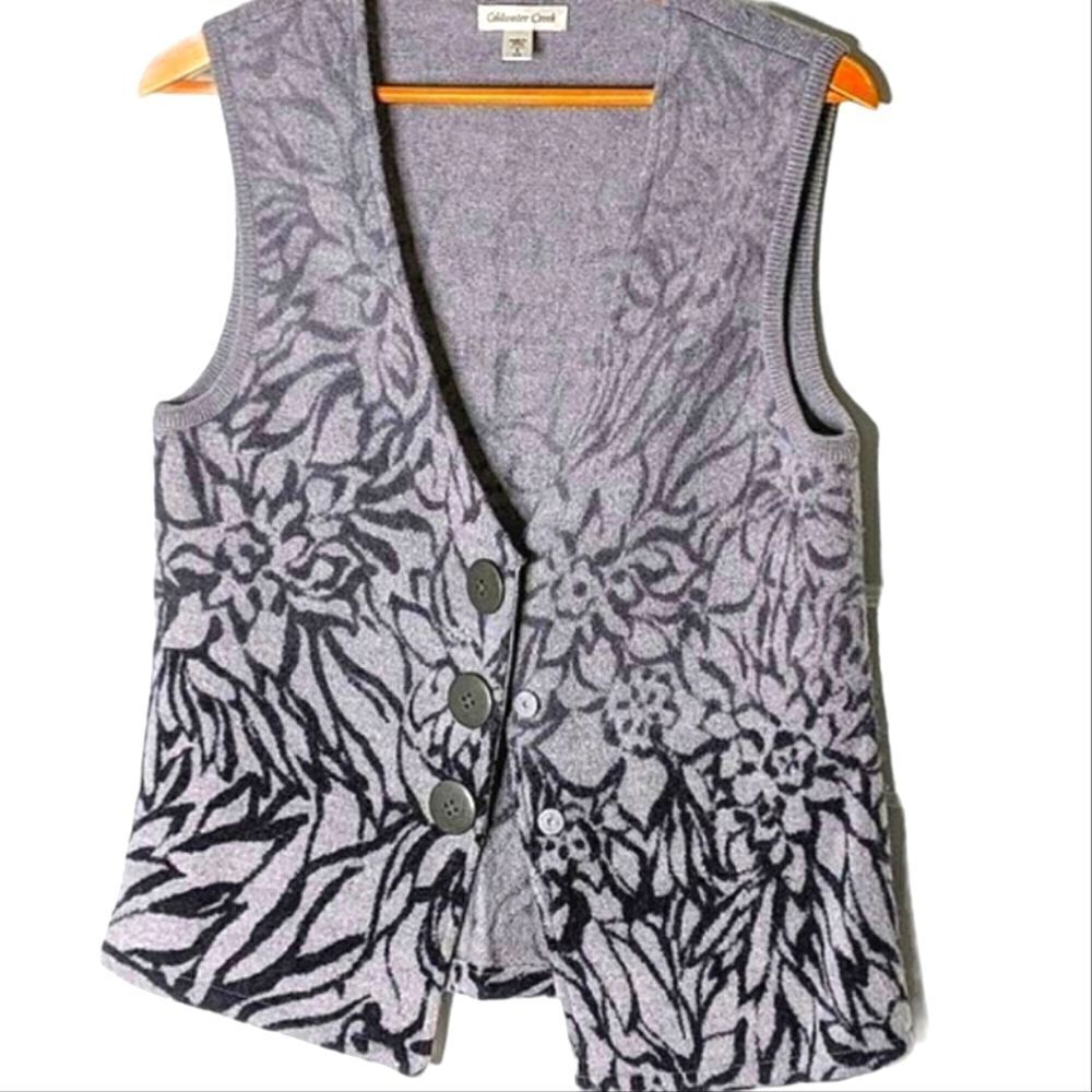 Coldwater Creek Grey Floral 100% Wool V Neck Sweater Vest Size 8
